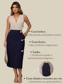 Saia Midi Linho com Fenda Moderna e Ajuste na Cintura - Azul Marinho - Visão 7