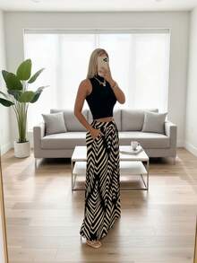 女士休闲度假风罗纹针织高领上衣（波浪纹）搭配阔腿梭织裤，两件套夏季套装 - 彩色 - 查看 4