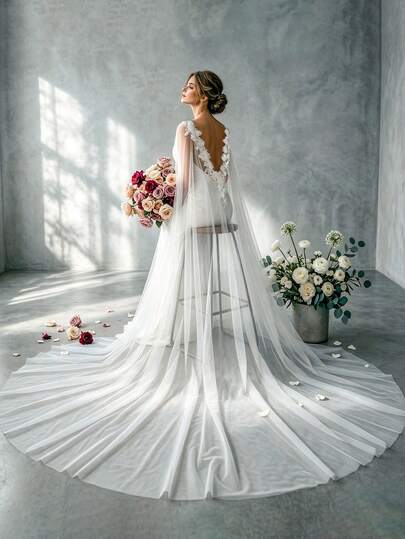 1件性感露背教堂式婚礼披肩，3D花卉蕾丝长款拖尾派对晚礼服斗篷