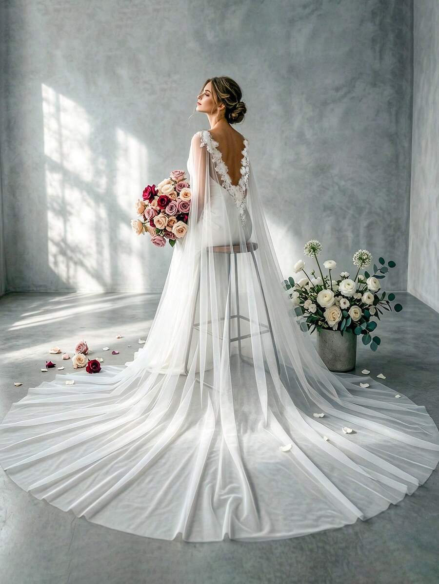 1件性感露背教堂式婚礼披肩，3D花卉蕾丝长款拖尾派对晚礼服斗篷