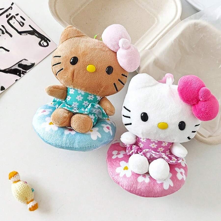 Sanrio 1pc Hawaiian Black Skin Swim Ring Hello Kitty Plush Doll Pendant Cartoon KT Cat Doll Backpack Charm Children's Plush Doll Bag Accessory Holiday Gift