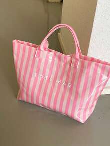Colorful Striped Tote Bag, Large Capacity PVC Transparent Beach Bag, Fashion Holiday Handbag For Women - Baby Pink - View 9