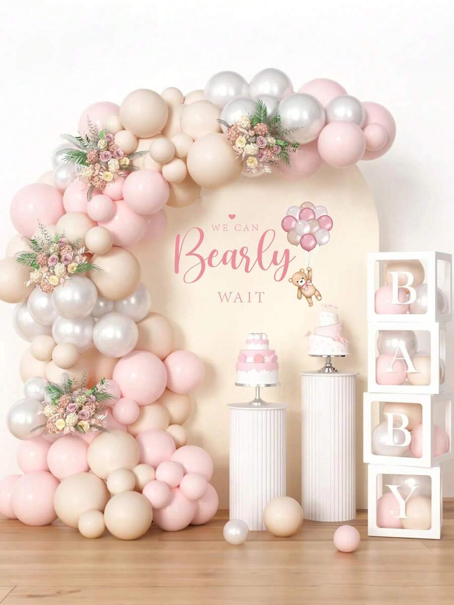我们可以一起玩耍的婴儿派对装饰——我们可以一起玩耍的泰迪熊贴纸、金色拱门、白色背景、气球拱门派对装饰、婴儿派对装饰、粉色性别揭晓派对墙贴、横幅和拍照道具 - 彩色 - 查看 1