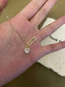 Shescity 1件铜镶嵌粉钻心形胸针项链，个性化甜美奢华颈链，适合日常佩戴和送礼 - 金色 - 查看 4