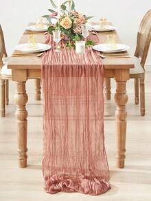 1pc Coral Pink Chiffon Ruffle Design Table Runner, Solid Color Tablecloth, Suitable For Holiday, Graduation, Birthday Party Decor, Wedding Accessories, Family Holiday Party Table Decor, Baby Shower, Bridal Shower Tablecloth, Party Table Runner, Cheese Cloth Table Runner, Table Decor - Coral Pink - View 10