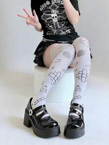 1双夏季日系亚文化甜美可爱白色长筒袜，卡通动漫印花过膝/及膝天鹅绒袜，软妹萝莉角色扮演紧身裤 - 彩色 - 查看 6