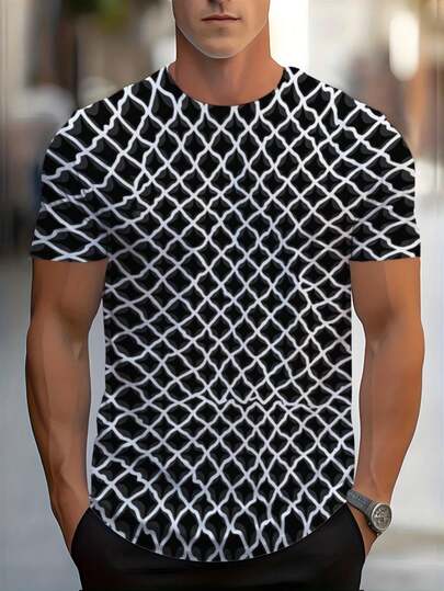 Men' Minimalist Black & White Abstract Star T-Shirt - 3D Geometric Print Round Neck Short Sleeve Casual Tee, Machine Washable Suitable For Casual Attire, Year-Round Versatile Basic Top For Office & Semi-Formal Outfits Men's Basic T-Shirt With 3D Logo Design, Comfortable Fit, Easy To Pair And Long-Lasting.