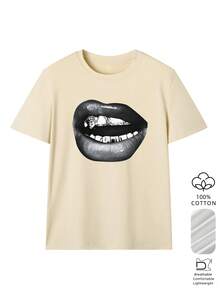 Camiseta holgada de algodón 100% pura con estampado de labios negros para mujer, top casual suave y transpirable, camiseta de manga corta estilo punk Y2K, adecuada para salidas diarias, festivales de música, citas y ropa casual urbana. Blanca, para uso diario en primavera y verano, transpirable. - Albaricoque - Ver 2