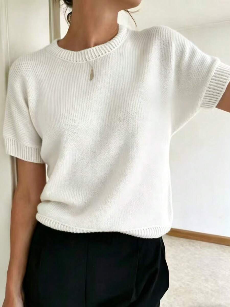 Áo dệt kim tay ngắn cổ tròn màu trơn, thoáng khí, phong cách tối giản, thích hợp cho mùa hè. - màu trắng tinh khiết - Xem 1