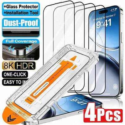 4片装一键除尘高清屏幕保护膜，兼容 17 Pro Max/17/17 Pro/17 Air/17e/16e/16 Pro Max/16 Pro/16 Plus/16/15/14/13/12/11等机型。自动除尘，一键贴合，无气泡，新手也能轻松上手。高清高透，9H防刮，光滑防指纹，全屏保护，不影响手机壳使用。