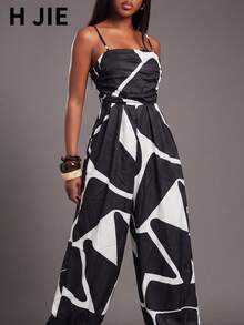 Bộ jumpsuit hai dây không tay xếp ly dành cho nữ, màu đen trắng, họa tiết trừu tượng, chất liệu vải dệt, kiểu dáng thanh lịch. - Đen và trắng - Xem 2