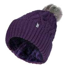 Heat Holders Heat Holders - Ladies Chunky Ribbed Cuffed Thermal Winter Pom Pom Bobble Beanie Hat With Fleece Lining - 紫色 - 查看 1