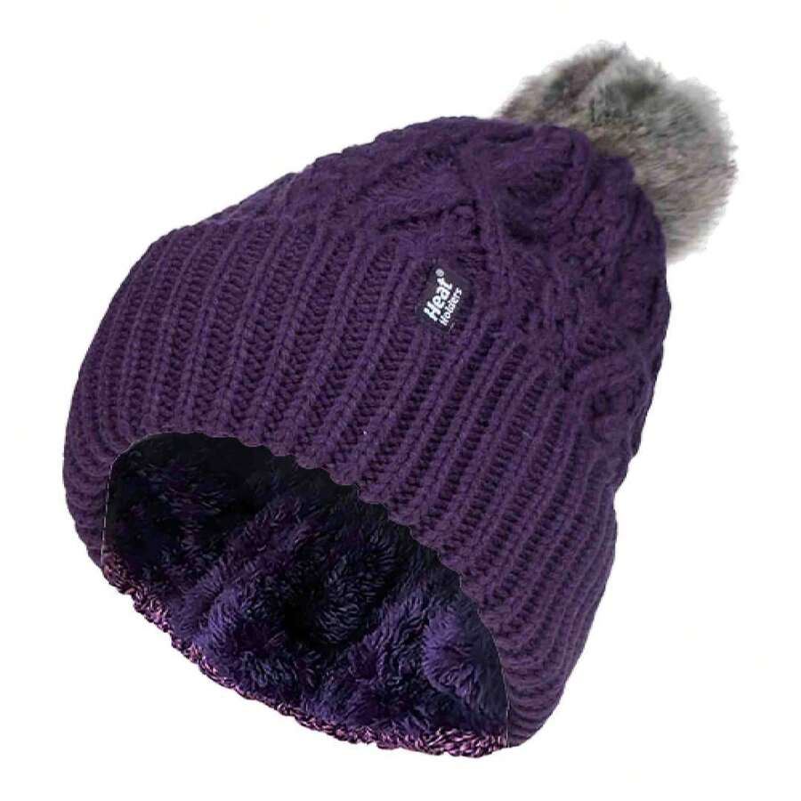 Heat Holders Heat Holders - Ladies Chunky Ribbed Cuffed Thermal Winter Pom Pom Bobble Beanie Hat With Fleece Lining - 紫色 - 查看 1