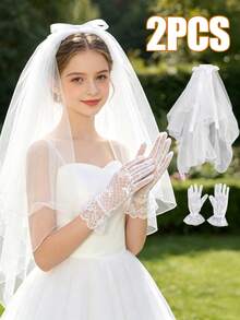 Bộ 2 món dành cho bé gái tuổi teen 12-16 tuổi, gồm khăn voan ren ngọc trai và găng tay nơ, thích hợp cho lễ rước lễ, đám cưới, trang phục Halloween. - Khăn che mặt + găng tay - Xem 3