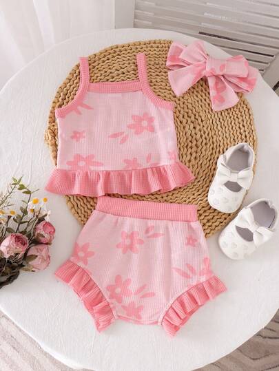 2pcs/Set Toddler Girls' Cute Mori Style Pink Camisole Top + Shorts Set, Lightweight Summer