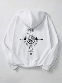 1item,Men's Cotton Tops,With The Sun,Clouds And Mountain Pattern,Simple And Loose-Fitting Men's Hooded Sweatshirt,Long Sleeve. - 白色 - 查看 4