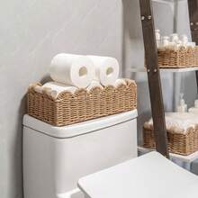A Rattan Woven Storage Basket With A Wooden Handle, A Case For Keys And Cosmetics, A Hand-Woven Decorative Desktop Basket, A Hand-Woven Storage Basket With A Fan-Shaped Rim Made From Natural Materials. It Can Be Placed On The Top Shelf Of The Toilet Or Used As A Decorative Accessory In The Bathroom, Living Room, And Bedroom. - Brown - View 6