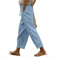 Women's Casual Button-Front Patchwork Cropped Trousers, Spring-Summer - White - View 3