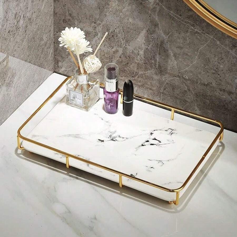 Khay đựng đồ dùng nhà tắm sang trọng viền vàng họa tiết vân đá cẩm thạch, khay đựng đồ trang điểm hình chữ nhật, thích hợp để trên mặt bàn, bàn trang điểm, nhà bếp, trưng bày mỹ phẩm và trang sức. - Nhiều màu - Xem 1