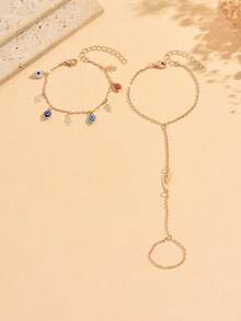 2pcs/Set Minimalist Niche Style Gold Feather Decor Knuckle Ring, Fashion Versatile Devil's Eye Palm Tassel Stacked Bracelet, Suitable For Daily Wear And Party Occasions - Multicolor - View 2