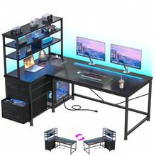 EnHomee Escritorio de ordenador reversible en forma de L con luces LED con control remoto, toma de corriente y 3 cajones de tela, escritorio de esquina para oficina en casa, dormitorio o sala de juegos. - Negro - Ver 1