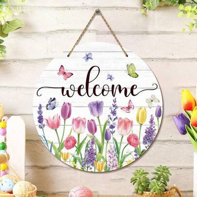 1pc Spring Summer Floral Welcome Sign, Tulip Wooden Hanging Sign With Flowers And Butterflies, Suitable For Home Garden Gates, Home Decor, Room Decoration, Wall Decoration, And Spring Interior/Exterior Decoration For Homes, Gardens, And Offices
