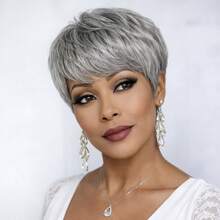 Human Hair Glueless Wig For Women-Pixie Cut Human Hair Wig For Ladies- No Lace Front Wig Wear And Go Grey Wig For Daily And Cosplay - Xám - Xem 7