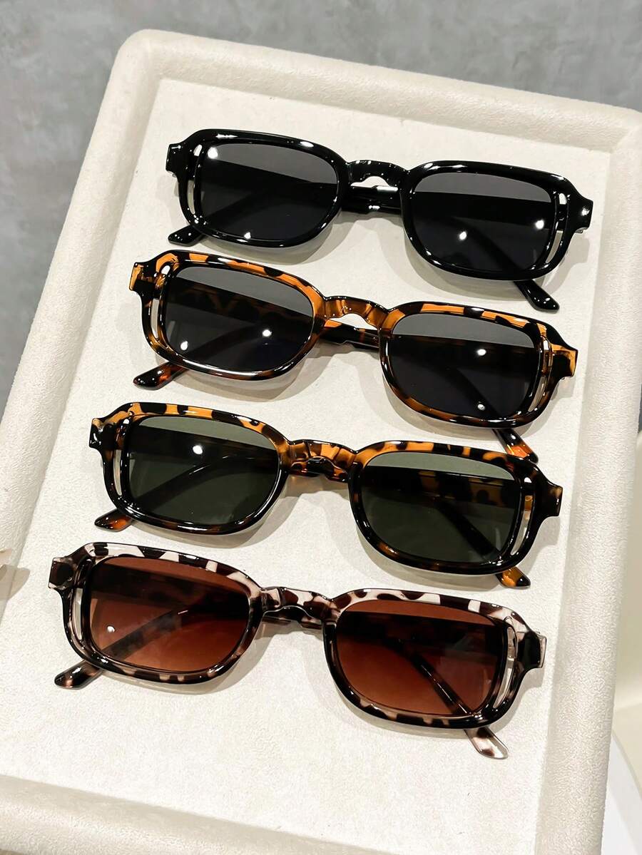 4pcs Plastic Small Narrow Frame Solid Color Leopard Hollow Design Tinted Lens Y2K Portable Modern Minimalist Basic Glasses, Suitable For Summer Music Festivals, Beach Vacations, Outdoor Activities, Travel, Back To School, College Style, Campus Looks - 4 món: họa tiết da báo đen, đậu hũ trắng và phối màu xanh lá cây. - Xem 1