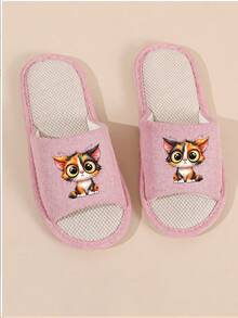 Couples Spring/Autumn New Animal Open-Toe Linen Slippers, Solid Color Cute Fabric Slip-On Non-Slip Breathable Unisex Slippers - Pink - View 5