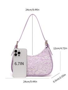 Túi đeo vai nữ họa tiết hoa tím, túi xách tay thời trang phong cách Y2K, túi đeo chéo nữ, túi hình lưỡi liềm thời trang, túi baguette thanh lịch. - Hồng - Xem 2