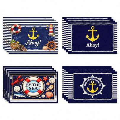 1pc Anchor Print, Ocean Element Linen Placemat, Breakfast Mat, Coffee Coaster, Bowl Pad, Kitchen Accessory, Easy To Clean Dining Mat, Suitable For Home, Restaurant, Restaurant Decor, Holiday Gift, Gift For Friends, Multi-Piece Set
