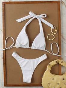Women's Spring/Summer New White Solid Color Beach Vacation Date Party Halter Tie Sexy Bikini And Triangle Panty Swimwear Set - White - View 4