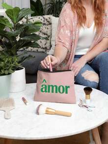 两件套复古风帆布手提包，印有“Amor”字样，女士大容量帆布手提包 - 时尚单肩包，适合旅行和购物，大号粉色帆布单肩包，多功能休闲手提包，色彩鲜艳，容量大，用途广泛，可手洗 - 无扣，日常手提包，休闲日常手提包 - 彩色 - 查看 6