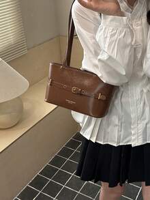 1件時尚極簡PU材質女款復古方型單肩包，頂部雙手柄，拉鍊開合，適合旅行、購物、約會，通勤、戶外活動、徒步，情人節禮物 - 棕色 - 查看 3