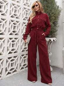 Women's Corduroy Long Sleeve Two-Piece Set, Elegant Casual Aerolook, Perfect Fit, Jacket With Buttons And Functional Pockets, Sizes M And L, Premium Quality, Various Colors Available, Autumn/Winter Season, Warm - 酒紅色 - 查看 2