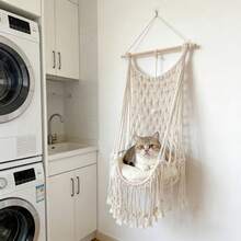 1pc Macrame Cat Hammock, Bohemian Style Hanging Cat Swing, Handmade Tasseled Cat Bed, Cat Climbing Frame Hammock Decor - Cushion Not Included - Beige - View 8