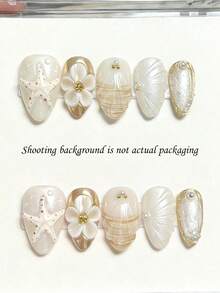 2026 Spring Summer Hot Selling Press On Nails, 10Pcs Medium Almond Milky Jelly Ocean Shell Starfish Fake Nails With 3D Flower Gold Rhinestone, Reusable Beach Handmade Nail Kit, Free Jelly Glue Tabs & Nail File - Follow Your Heart - View 1