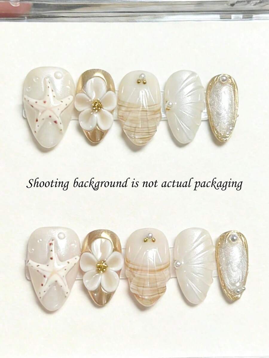 2026 Spring Summer Hot Selling Press On Nails, 10Pcs Medium Almond Milky Jelly Ocean Shell Starfish Fake Nails With 3D Flower Gold Rhinestone, Reusable Beach Handmade Nail Kit, Free Jelly Glue Tabs & Nail File - Follow Your Heart - View 1