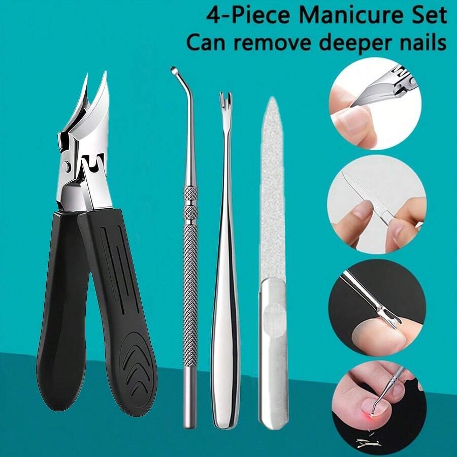 4 Peças Conjunto de Cortador de Unhas e Ferramentas de Manicure em Aço Inoxidável Profissional, Kit de Cuidados com Unhas e Pés Multifuncional com Lâminas Afiadas e Design com Mola, Inclui Lima de Unhas, Empurrador de Cutícula, Cortador de Cutícula, Ideal para Cuidados em Casa - Estilo de bico fino - Visão 1