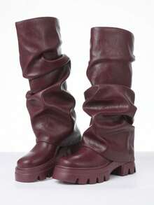 Ruched Fold Over Women's Slouchy Shark Knee High Boots Fashion Platform Chunky High Heels Round Toe Pull On Pleated Mid Calf Boots Woman - 酒紅色 - 查看 5