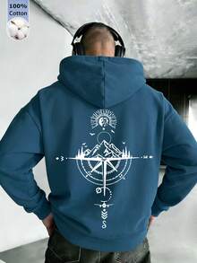 Men's Cotton Peacock Blue Top, Featuring A Sun, Moon, Mountains, And Rivers Pattern; Basic Loose-Fitting Hooded Sweatshirt; Soft, Breathable, Drop-Shoulder Long-Sleeved Top Suitable For Spring And Autumn. - Peacock Blue - View 3