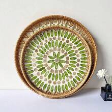 1 pieza Bandeja decorativa hecha a mano de estilo vintage con ratán y conchas, organizador artístico, bandeja para aperitivos, bandeja de té para decoración del hogar - Multicolor - Ver 6