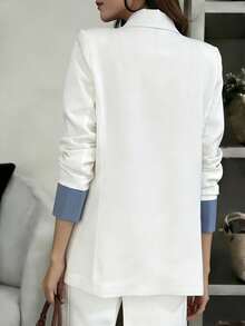 Contrast Color Button Pocket Lightweight Jacket, Suitable For Office Wear, Spring/Summer White - White - View 3