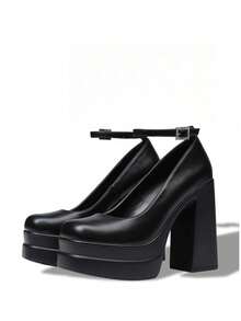 Women's Patent Leather Black Double Platform Pumps Ankle Strap Block Heel High Heel Shoes Mary Janes For Party & Wedding - 黑色pu - 查看 6