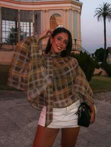 Elegant Plaid Cover Up, Women's Casual Romantic Shawl Collar Cover Up, New Fashion Beach Resort Cover Up - Olive Green - View 5