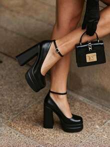 Women's Patent Leather Black Double Platform Pumps Ankle Strap Block Heel High Heel Shoes Mary Janes For Party & Wedding - 黑色pu - 查看 3
