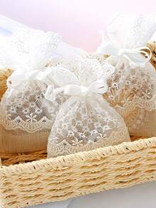 1pc White Lace Drawstring Pouch, Gift Bag For Wedding Party, Gifts, Favors, Birthday, Jewelry, Desktop Decor - Multicolor - View 5