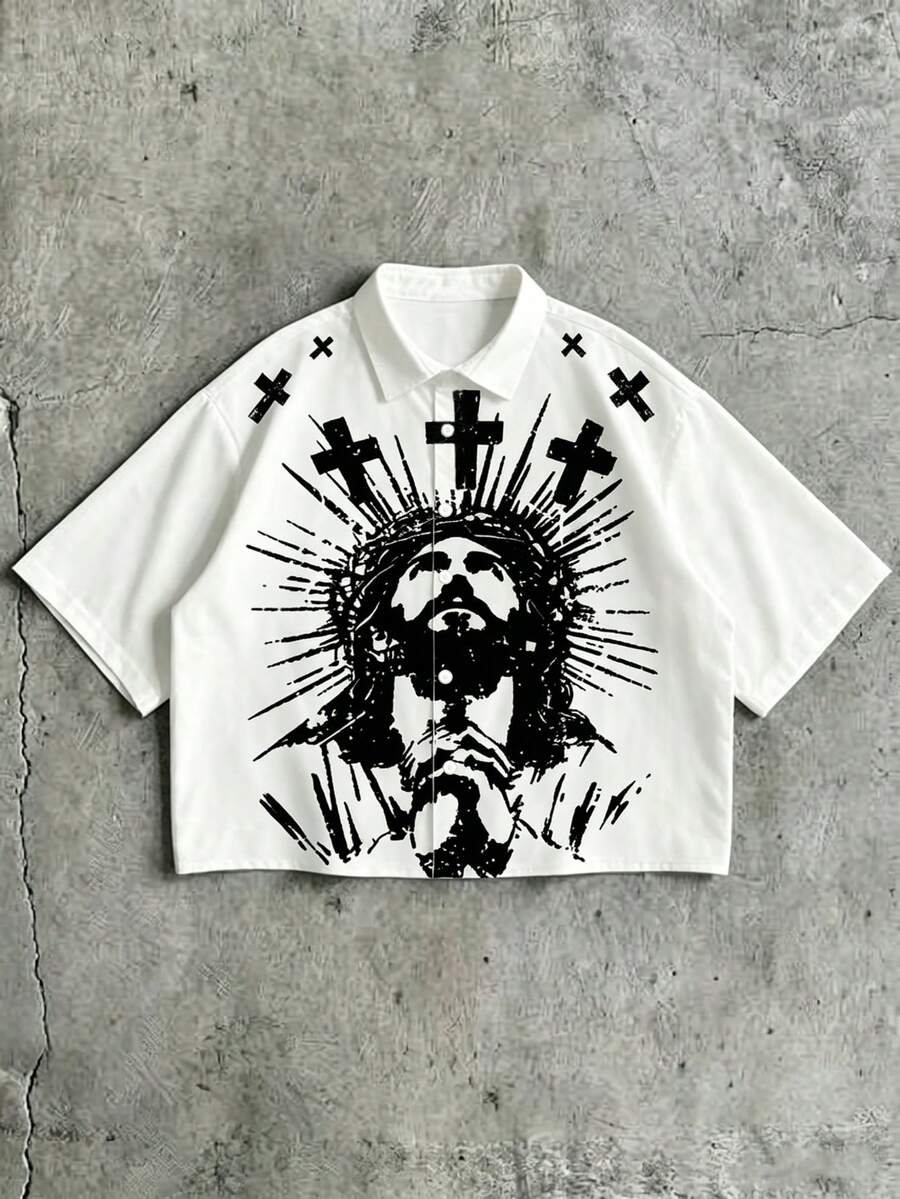 FRACTYR 男士夏季休闲宽松短袖梭织衬衫，饰有祈祷的耶稣和十字架的数码印花，时尚百搭。 - 白色 - 查看 1