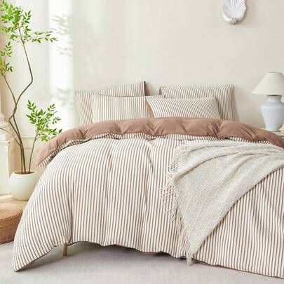 3 piezas Juego de Edredón de Lujo Suave a Rayas, Ropa de Cama de Microfibra Jacquard, Patrón de Rayas Verticales Marrones, Adecuado para Mujeres y Adolescentes, 100% Poliéster, Lavable a Máquina, Todo el Año, Ideal para Dormitorio o Habitación de Invitados, Incluye 2 Fundas de Almohada, Transpirable, Sin Relleno, Regalo de Pascua