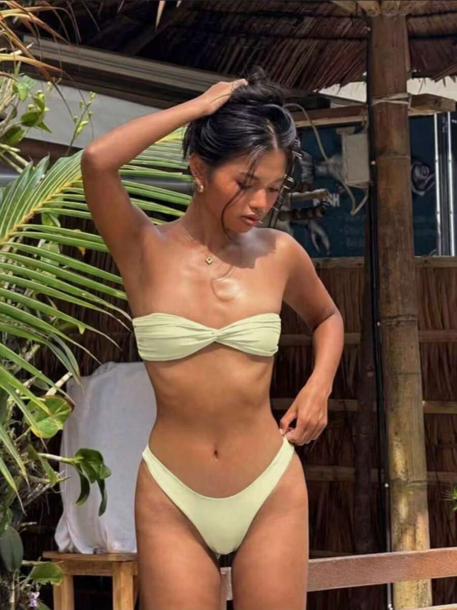 女款時尚無肩帶扭結高腰丁字褲比基尼泳衣 度假海灘夏季款 - 淡黃色 - 查看 1